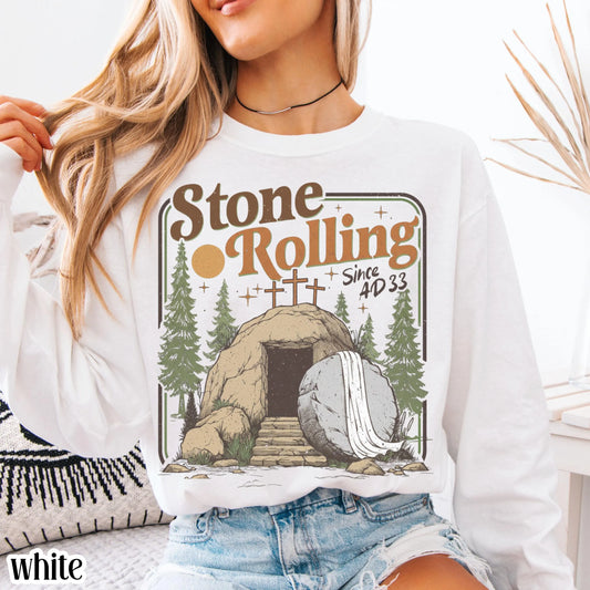 Comfort Colors Rolling Christian T-Shirt Trendy Stones Easter Clothing Jesus Christ Shirt Gift Christian Faith-Based Graphic Long Sleeve Tee