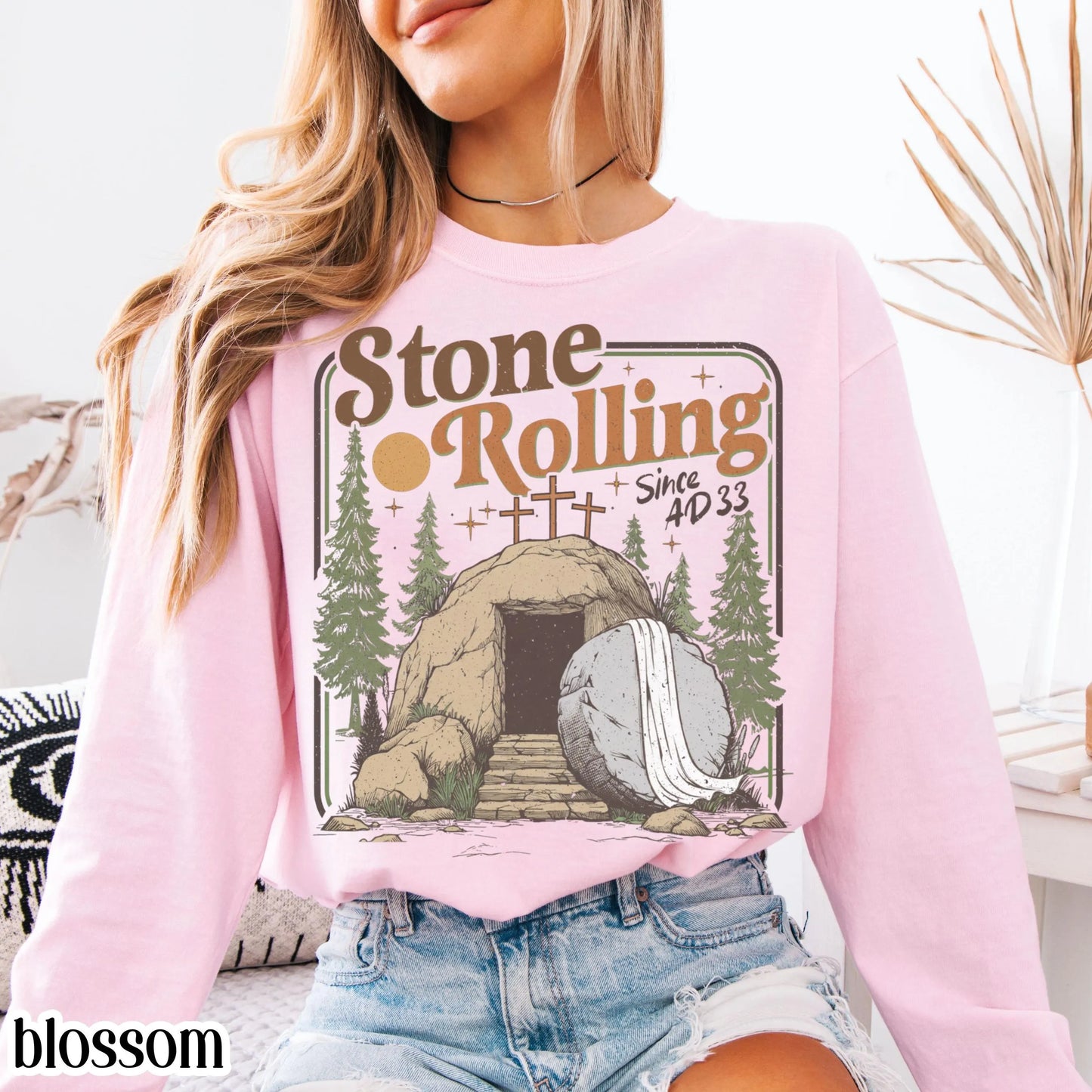 Comfort Colors Rolling Christian T-Shirt Trendy Stones Easter Clothing Jesus Christ Shirt Gift Christian Faith-Based Graphic Long Sleeve Tee