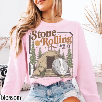 Comfort Colors Rolling Christian T-Shirt Trendy Stones Easter Clothing Jesus Christ Shirt Gift Christian Faith-Based Graphic Long Sleeve Tee