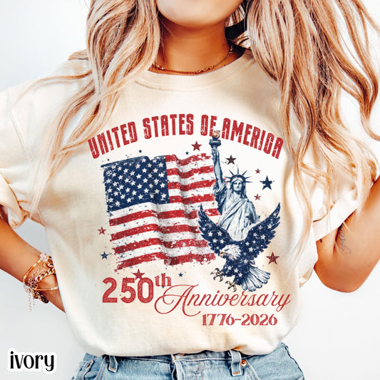 Comfort Colors United States of America 250th Anniversary Shirt Patriotic Vintage Flag 4th of July Tee 250 Years of  Independence T-Shirt
