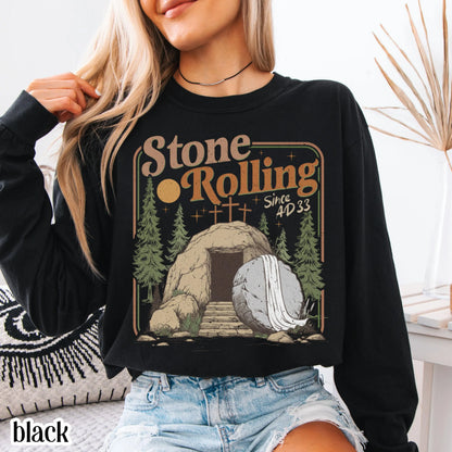Comfort Colors Rolling Christian T-Shirt Trendy Stones Easter Clothing Jesus Christ Shirt Gift Christian Faith-Based Graphic Long Sleeve Tee