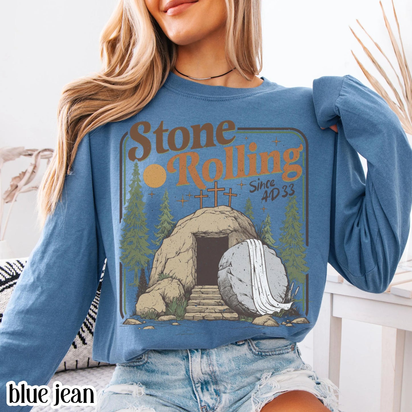 Comfort Colors Rolling Christian T-Shirt Trendy Stones Easter Clothing Jesus Christ Shirt Gift Christian Faith-Based Graphic Long Sleeve Tee