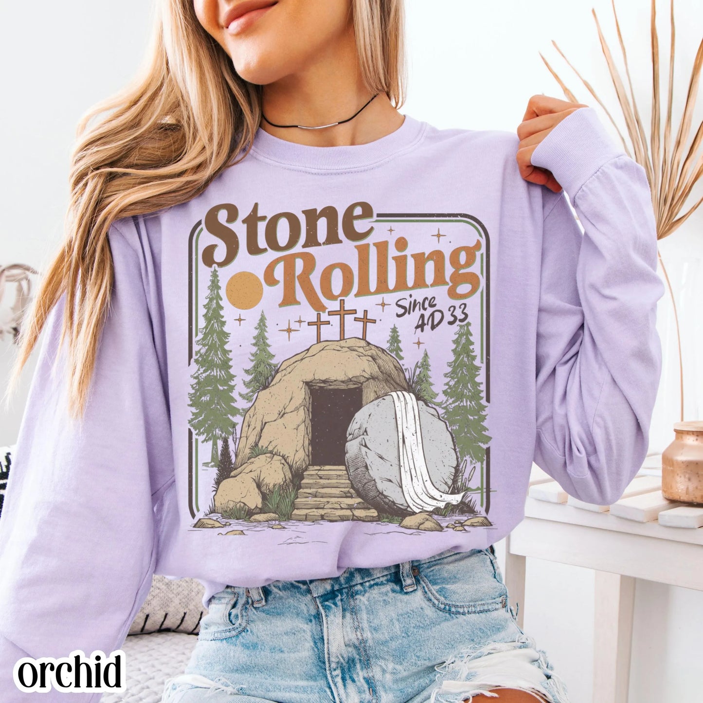 Comfort Colors Rolling Christian T-Shirt Trendy Stones Easter Clothing Jesus Christ Shirt Gift Christian Faith-Based Graphic Long Sleeve Tee