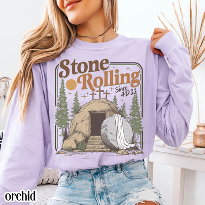Comfort Colors Rolling Christian T-Shirt Trendy Stones Easter Clothing Jesus Christ Shirt Gift Christian Faith-Based Graphic Long Sleeve Tee