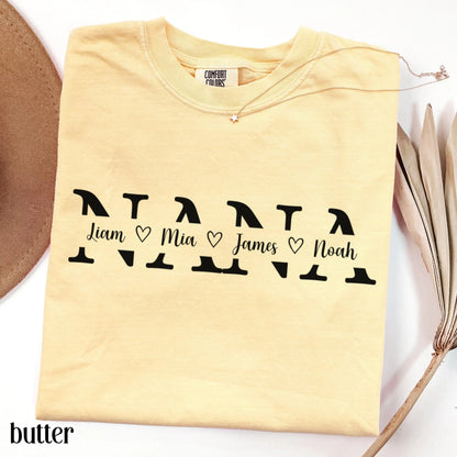 Custom Nana Comfort Colors Shirt with Grandkids Names Mothers Day Gift for Nana from Grandchildren Personalized Grandma Family T-Shirt Gift
