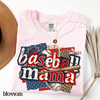 Baseball Mama Comfort Colors Shirt Patriotic Game Day Mom Tee Cute Sports Mom TShirt Baseball Season Fan Gift Trendy Baseball Mom T-Shirt