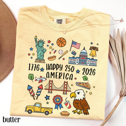 4th of July 250 America Comfort Colors Shirt Doodle Patriotic USA Icons Tee 1776  2026 250th Anniversary TShirt Fourth of July T-Shirt