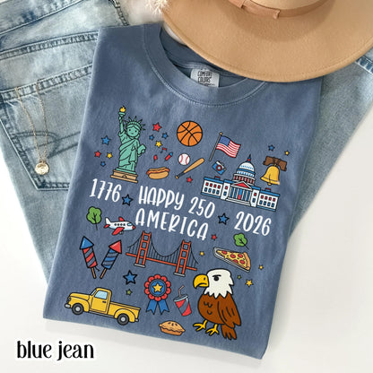 4th of July 250 America Comfort Colors Shirt Doodle Patriotic USA Icons Tee 1776  2026 250th Anniversary TShirt Fourth of July T-Shirt