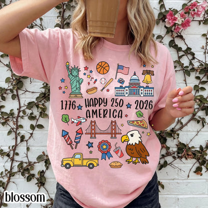 4th of July 250 America Comfort Colors Shirt Doodle Patriotic USA Icons Tee 1776  2026 250th Anniversary TShirt Fourth of July T-Shirt