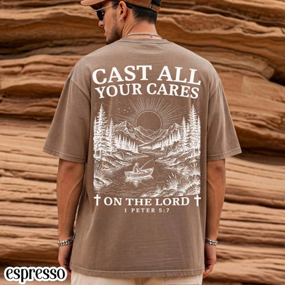 Mens Christian Comfort Colors Shirt Cast All Your Cares Lord 1 Peter 5:7 Nature River Fishing Boat Tee Faith Bible Verse Religious T-Shirt