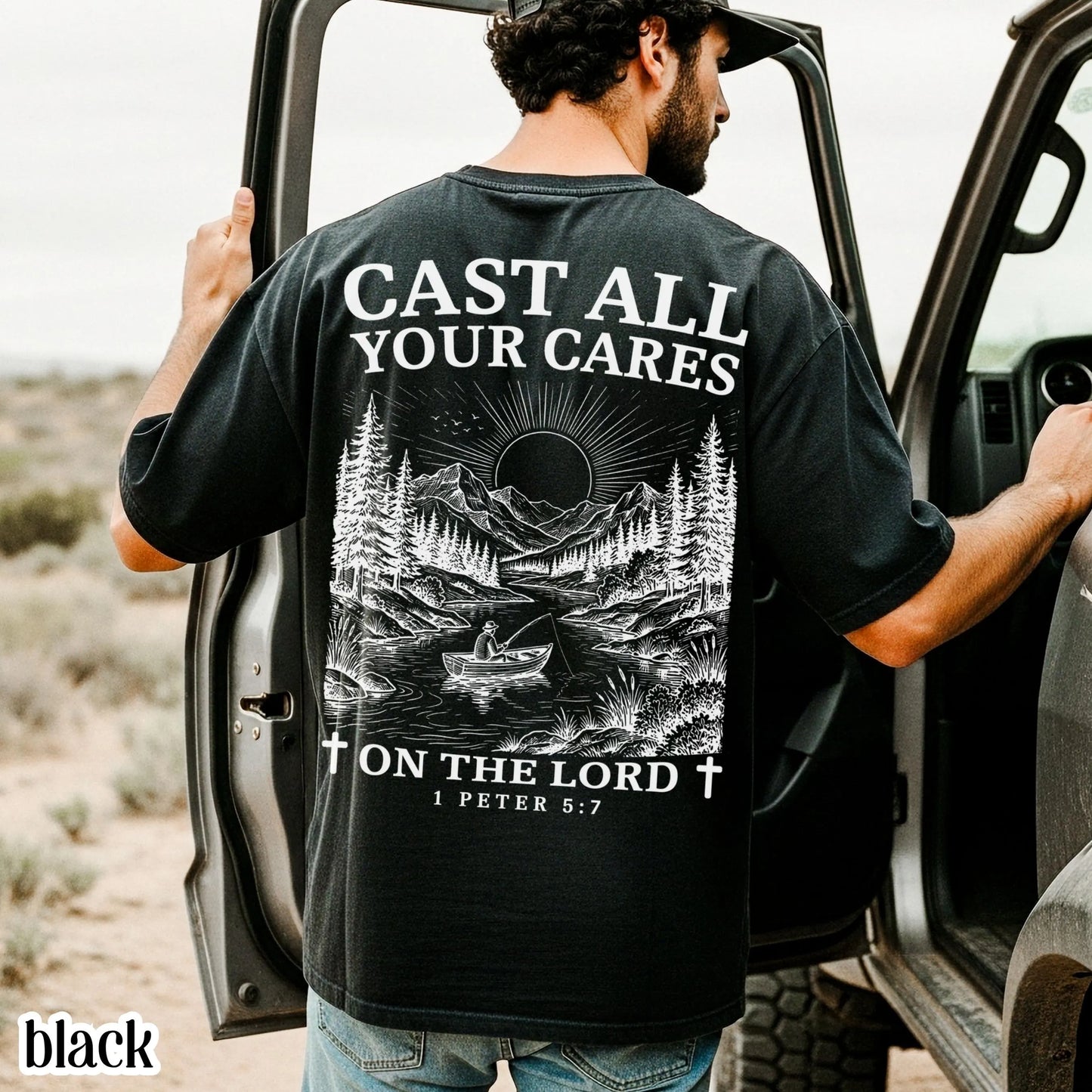 Mens Christian Comfort Colors Shirt Cast All Your Cares Lord 1 Peter 5:7 Nature River Fishing Boat Tee Faith Bible Verse Religious T-Shirt