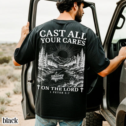 Mens Christian Comfort Colors Shirt Cast All Your Cares Lord 1 Peter 5:7 Nature River Fishing Boat Tee Faith Bible Verse Religious T-Shirt