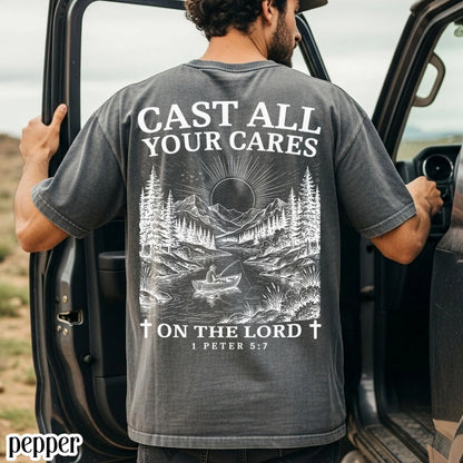 Mens Christian Comfort Colors Shirt Cast All Your Cares Lord 1 Peter 5:7 Nature River Fishing Boat Tee Faith Bible Verse Religious T-Shirt
