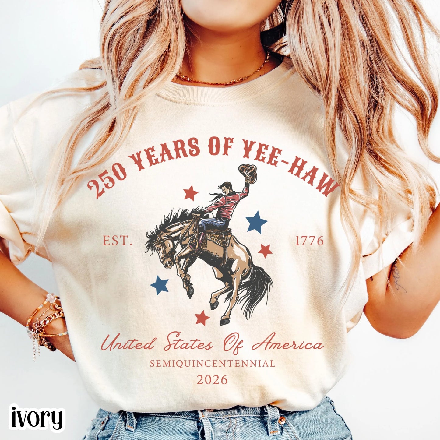 Comfort Colors 4th of July Shirt, 250 Year Anniversary Shirt, Fourth of July T-Shirt, USA Yee Haw Cowboy Tee for 4th of July Rodeo Party