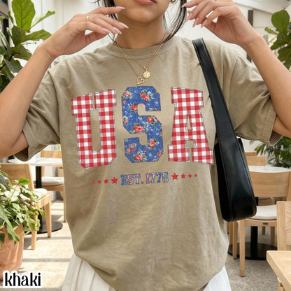 Comfort Colors 4th of July Shirt USA Fourth of July America Anniversary T-Shirt American Floral Faux Patchwork United States Party Outfit