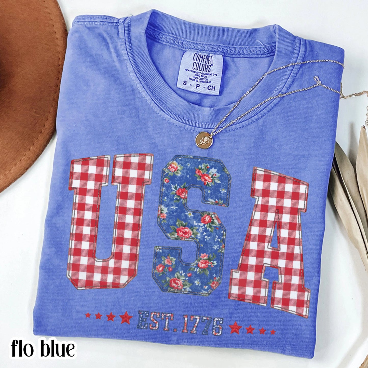 Comfort Colors 4th of July Shirt USA Fourth of July America Anniversary T-Shirt American Floral Faux Patchwork United States Party Outfit