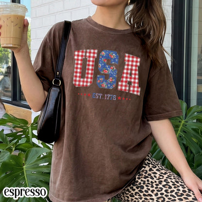 Comfort Colors 4th of July Shirt USA Fourth of July America Anniversary T-Shirt American Floral Faux Patchwork United States Party Outfit