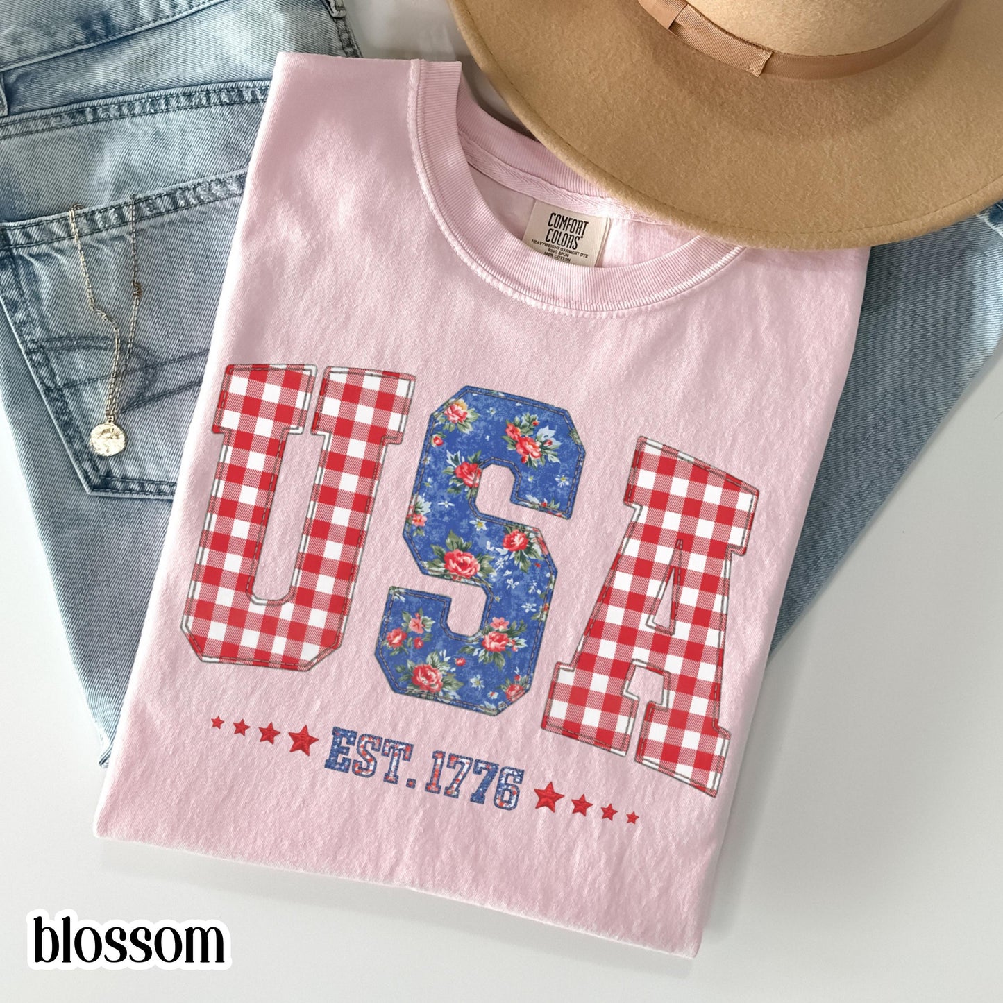 Comfort Colors 4th of July Shirt USA Fourth of July America Anniversary T-Shirt American Floral Faux Patchwork United States Party Outfit
