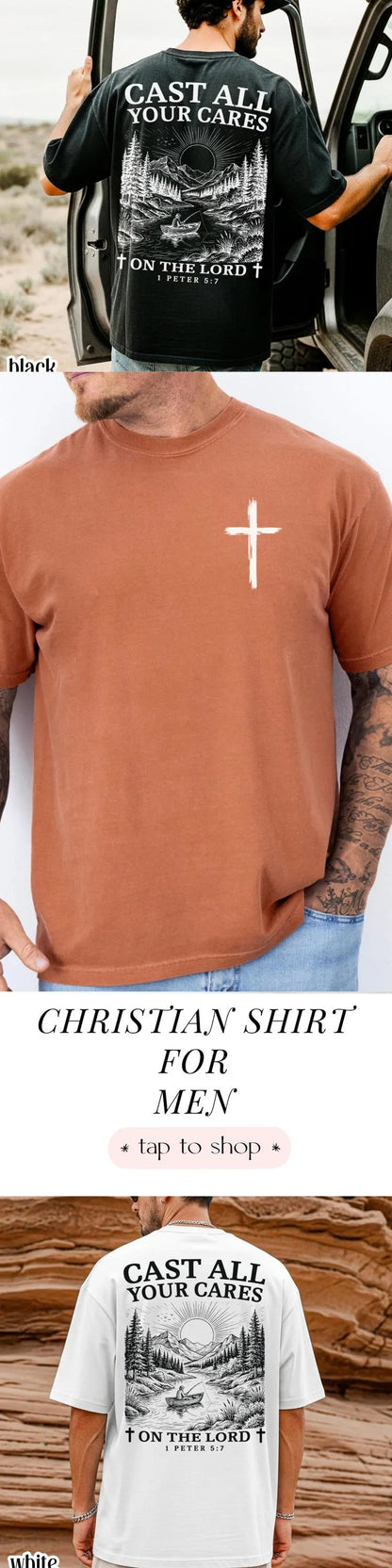 Mens Christian Comfort Colors Shirt Cast All Your Cares Lord 1 Peter 5:7 Nature River Fishing Boat Tee Faith Bible Verse Religious T-Shirt
