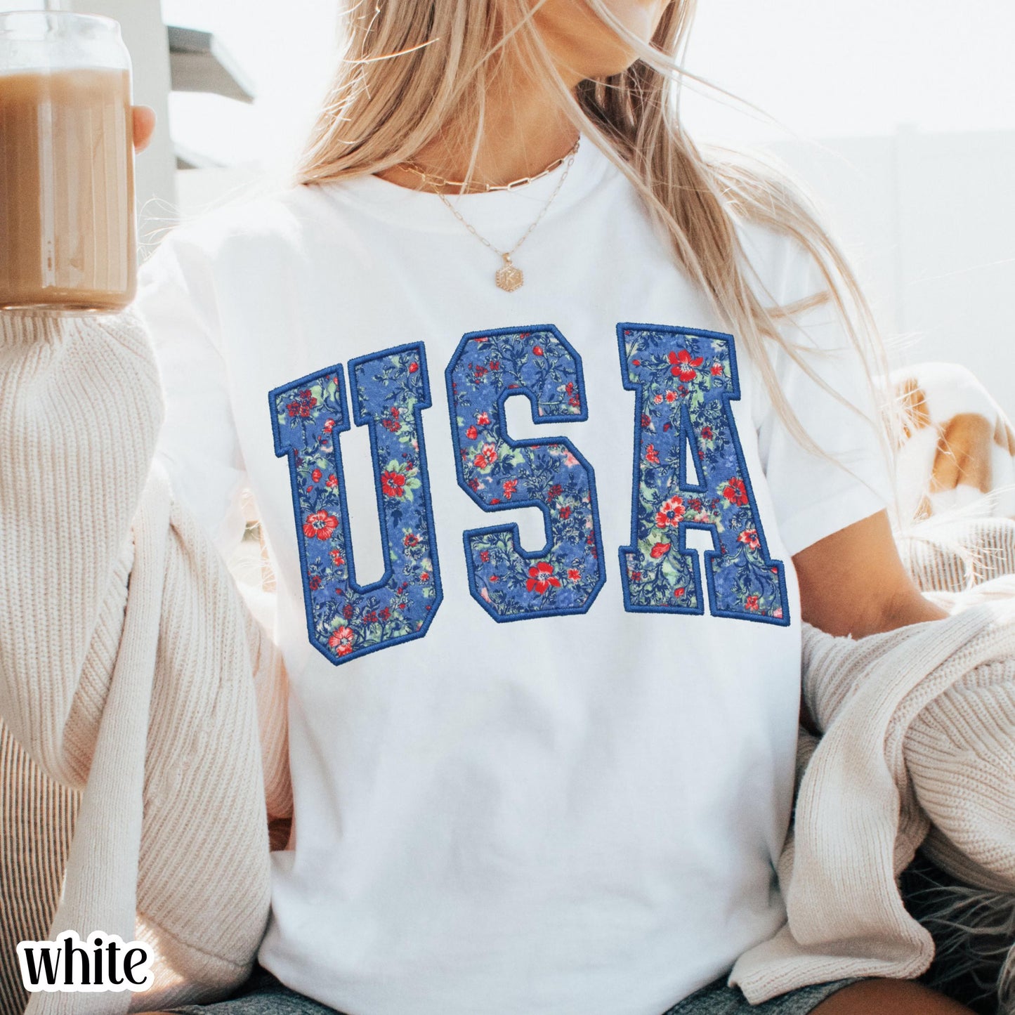 USA Comfort Colors Shirt 4th of July Fourth of July America Anniversary T-Shirt American Floral Faux Patchwork United States Party Outfit