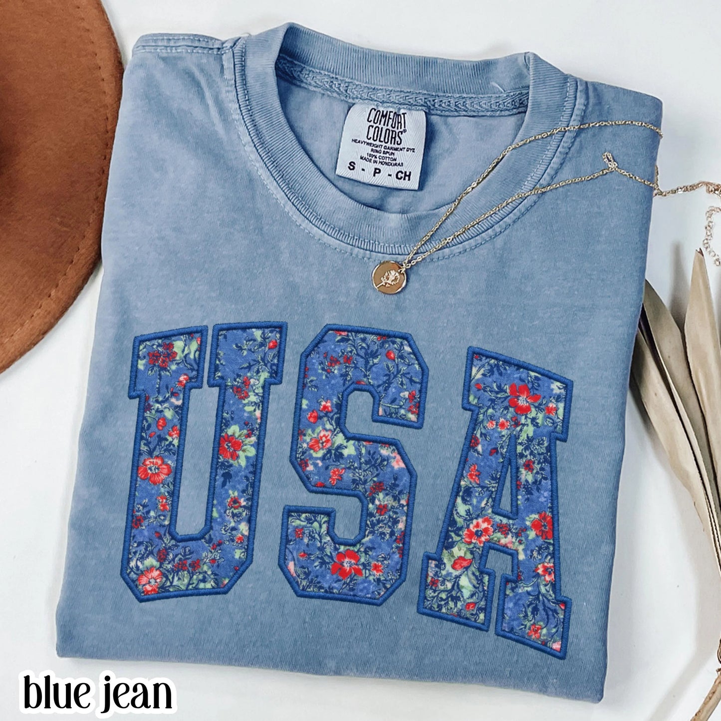 USA Comfort Colors Shirt 4th of July Fourth of July America Anniversary T-Shirt American Floral Faux Patchwork United States Party Outfit