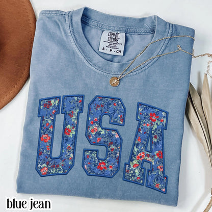 USA Comfort Colors Shirt 4th of July Fourth of July America Anniversary T-Shirt American Floral Faux Patchwork United States Party Outfit