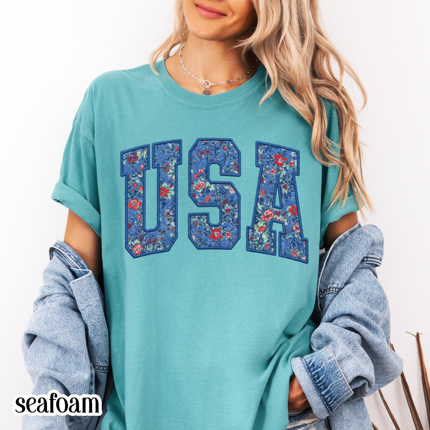 USA Comfort Colors Shirt 4th of July Fourth of July America Anniversary T-Shirt American Floral Faux Patchwork United States Party Outfit