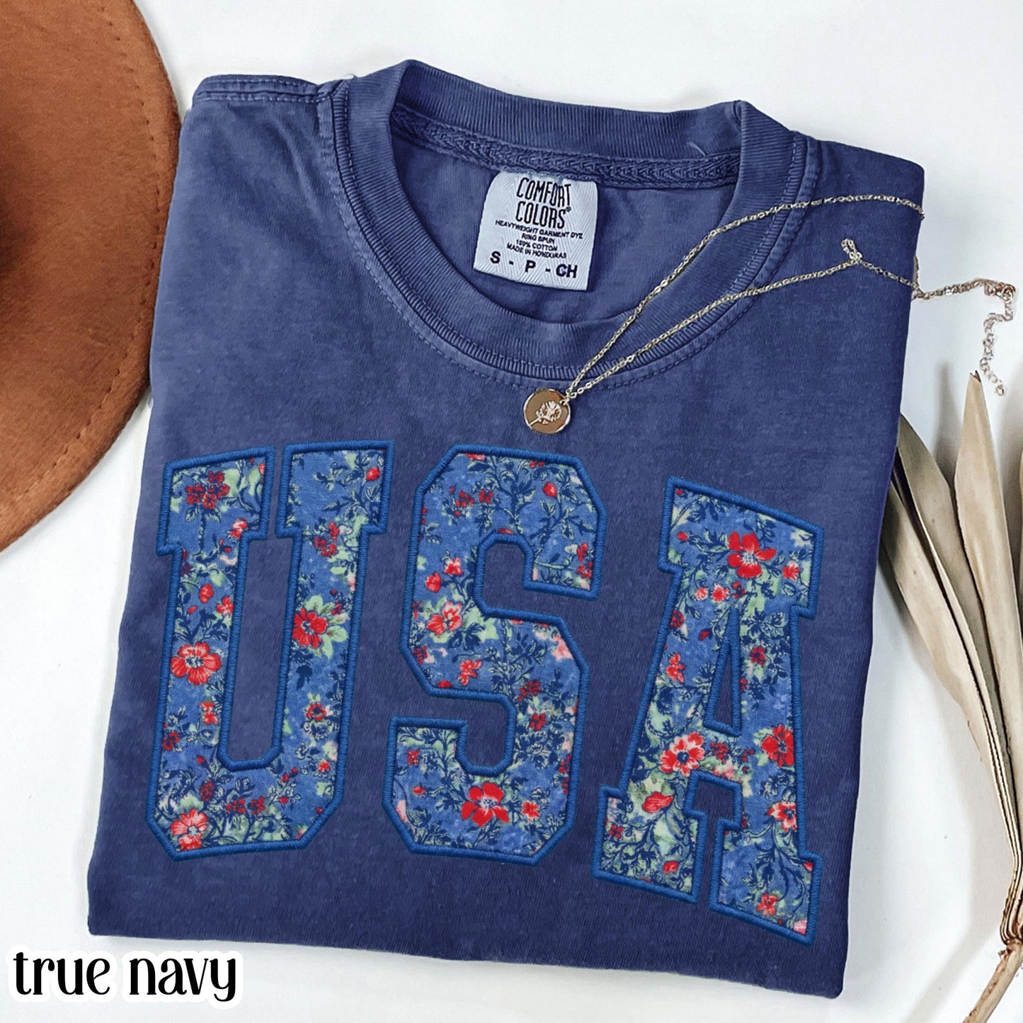 USA Comfort Colors Shirt 4th of July Fourth of July America Anniversary T-Shirt American Floral Faux Patchwork United States Party Outfit