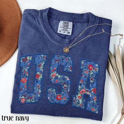 USA Comfort Colors Shirt 4th of July Fourth of July America Anniversary T-Shirt American Floral Faux Patchwork United States Party Outfit