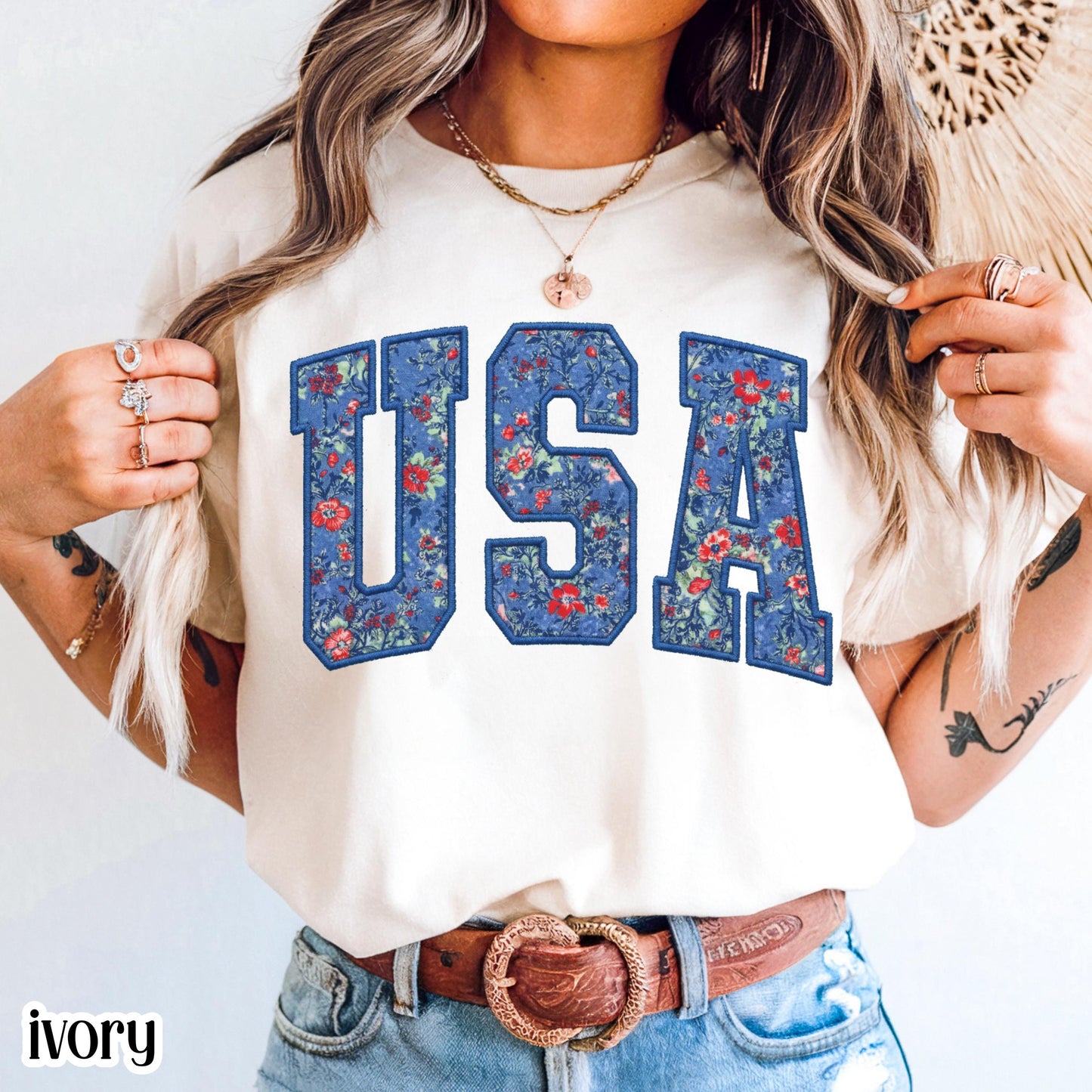 USA Comfort Colors Shirt 4th of July Fourth of July America Anniversary T-Shirt American Floral Faux Patchwork United States Party Outfit