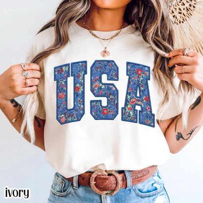 USA Comfort Colors Shirt 4th of July Fourth of July America Anniversary T-Shirt American Floral Faux Patchwork United States Party Outfit