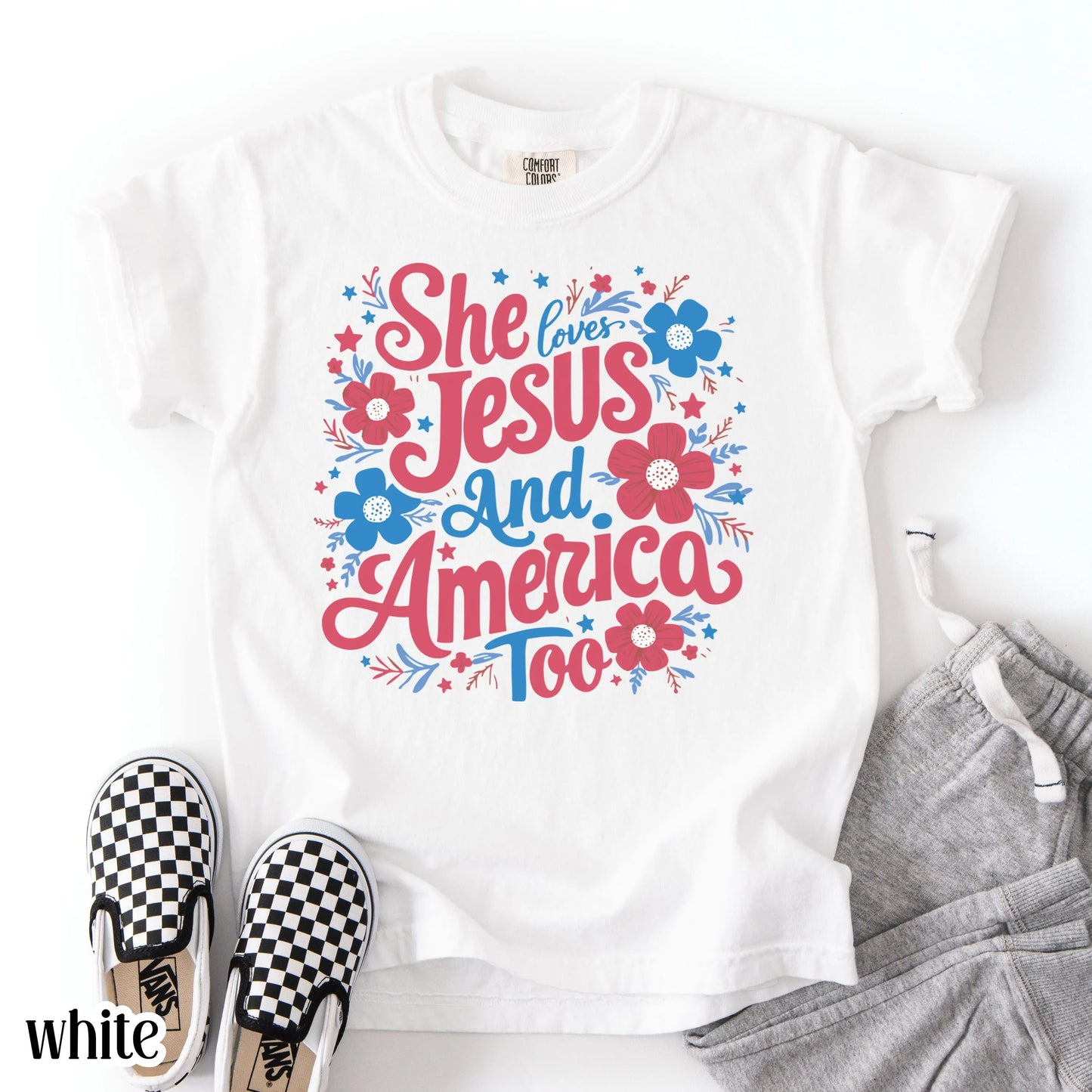 Comfort Colors Kids 4th of July Shirt, Youth USA Shirt, Fourth of July Shirt, Christian Kid Shirt, Jesus Shirt, She Loves Jesus Tee