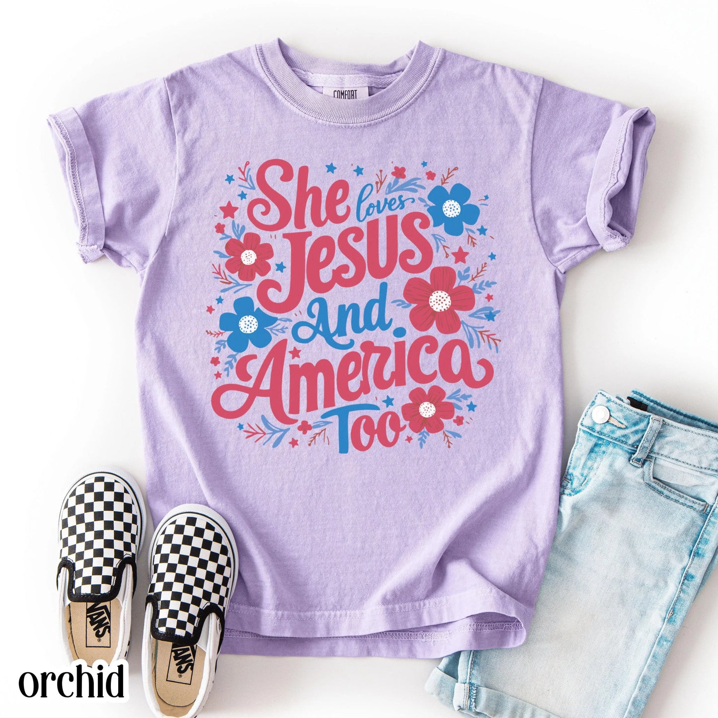 Comfort Colors Kids 4th of July Shirt, Youth USA Shirt, Fourth of July Shirt, Christian Kid Shirt, Jesus Shirt, She Loves Jesus Tee