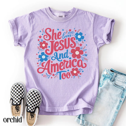 Comfort Colors Kids 4th of July Shirt, Youth USA Shirt, Fourth of July Shirt, Christian Kid Shirt, Jesus Shirt, She Loves Jesus Tee