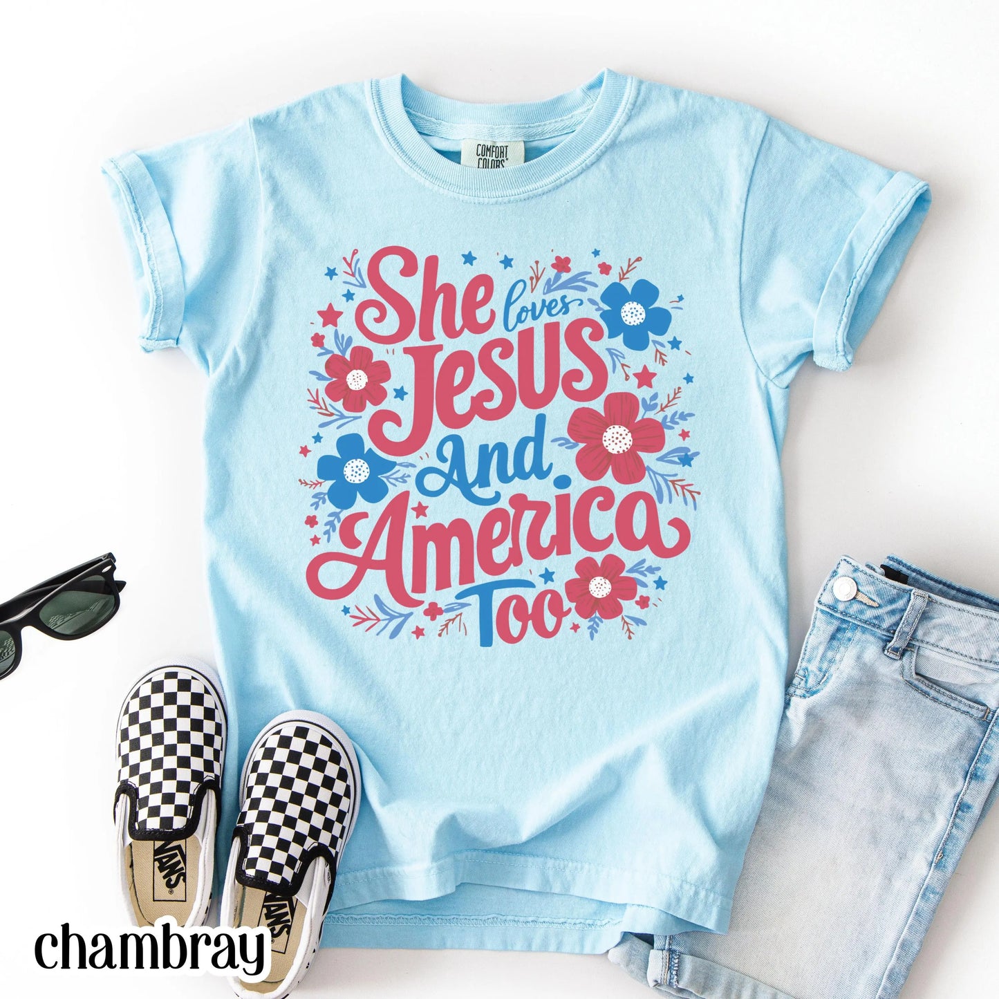 Comfort Colors Kids 4th of July Shirt, Youth USA Shirt, Fourth of July Shirt, Christian Kid Shirt, Jesus Shirt, She Loves Jesus Tee