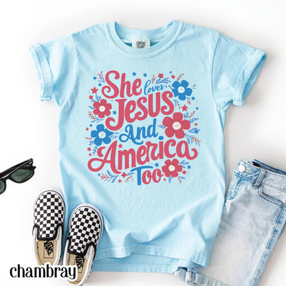 Comfort Colors Kids 4th of July Shirt, Youth USA Shirt, Fourth of July Shirt, Christian Kid Shirt, Jesus Shirt, She Loves Jesus Tee