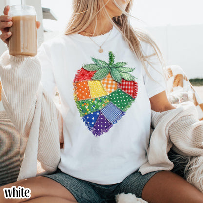 Comfort Colors Pride Shirt Faux Patchwork Gay TShirt LGBTQ Lesbian T-Shirt Inclusive Human Rights Trans Equality Fruity Strawberry Tee