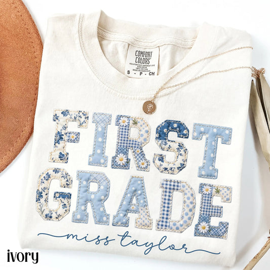 Comfort Colors® First Grade Teacher Shirt 1st Grade Matching Group T-Shirt Floral Blue Faux Patchwork Educator Back to School Team Tee