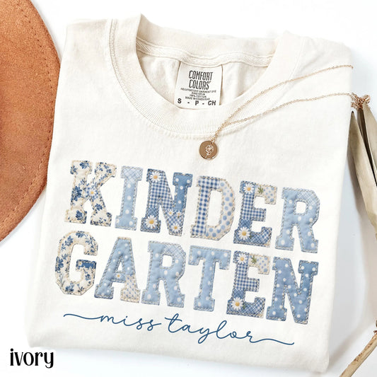 Custom Comfort Colors® Kindergarten Teacher Shirt First Day Kinder Matching Group T-Shirt Floral Blue Faux Patchwork Educator Back to School