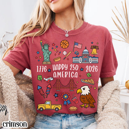 4th of July 250 America Comfort Colors Shirt Doodle Patriotic USA Icons Tee 1776  2026 250th Anniversary TShirt Fourth of July T-Shirt