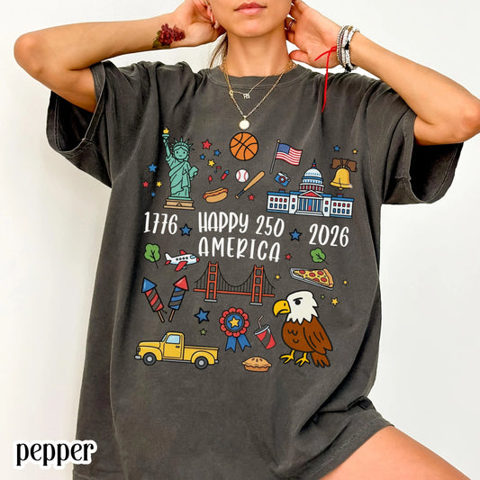 4th of July 250 America Comfort Colors Shirt Doodle Patriotic USA Icons Tee 1776  2026 250th Anniversary TShirt Fourth of July T-Shirt