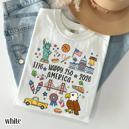 4th of July 250 America Comfort Colors Shirt Doodle Patriotic USA Icons Tee 1776  2026 250th Anniversary TShirt Fourth of July T-Shirt