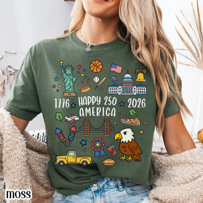 4th of July 250 America Comfort Colors Shirt Doodle Patriotic USA Icons Tee 1776  2026 250th Anniversary TShirt Fourth of July T-Shirt