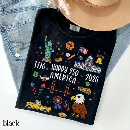 4th of July 250 America Comfort Colors Shirt Doodle Patriotic USA Icons Tee 1776  2026 250th Anniversary TShirt Fourth of July T-Shirt
