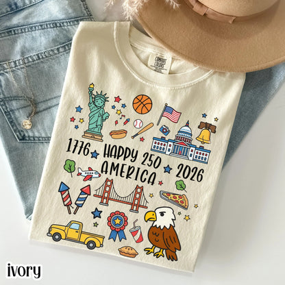 4th of July 250 America Comfort Colors Shirt Doodle Patriotic USA Icons Tee 1776  2026 250th Anniversary TShirt Fourth of July T-Shirt