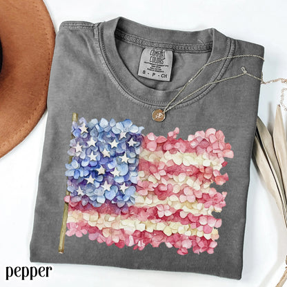 Comfort Colors 4th of July Shirt, USA Shirt, Fourth of July Shirt, American Flag Shirt, Classic USA Shirt, Floral Shirt, Hydrangea Shirt