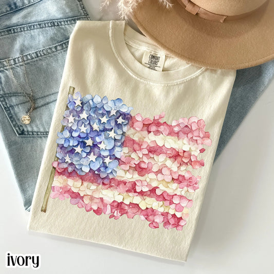 Comfort Colors 4th of July Shirt, USA Shirt, Fourth of July Shirt, American Flag Shirt, Classic USA Shirt, Floral Shirt, Hydrangea Shirt