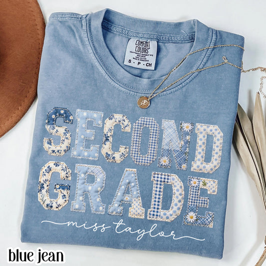 Custom Comfort Colors® Second Grade Teacher Shirt 2nd Grade Matching Group T-Shirt Floral Blue Faux Patchwork Educator Back to School