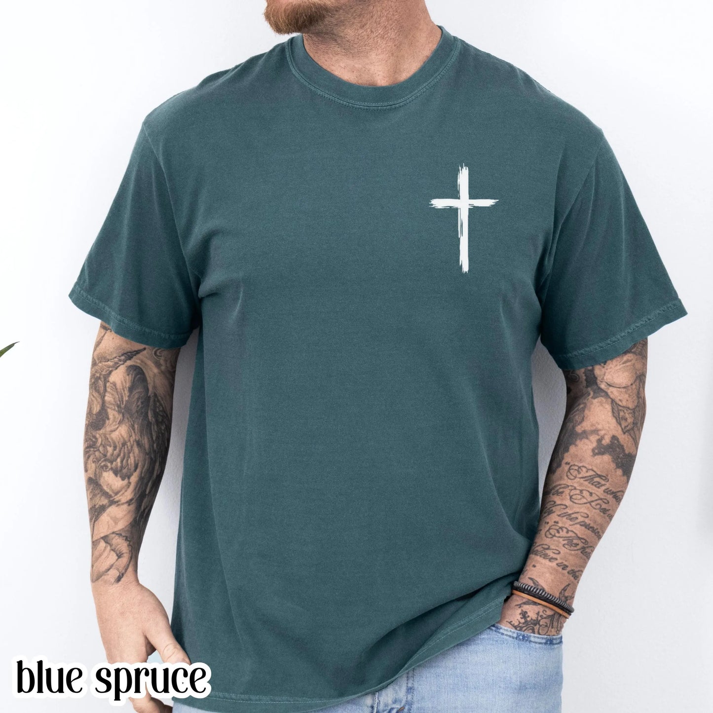 Mens Christian Comfort Colors Shirt Cast All Your Cares Lord 1 Peter 5:7 Nature River Fishing Boat Tee Faith Bible Verse Religious T-Shirt