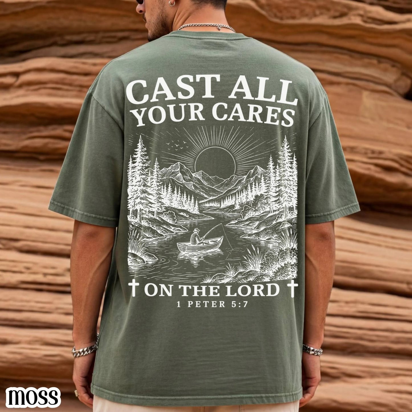 Mens Christian Comfort Colors Shirt Cast All Your Cares Lord 1 Peter 5:7 Nature River Fishing Boat Tee Faith Bible Verse Religious T-Shirt